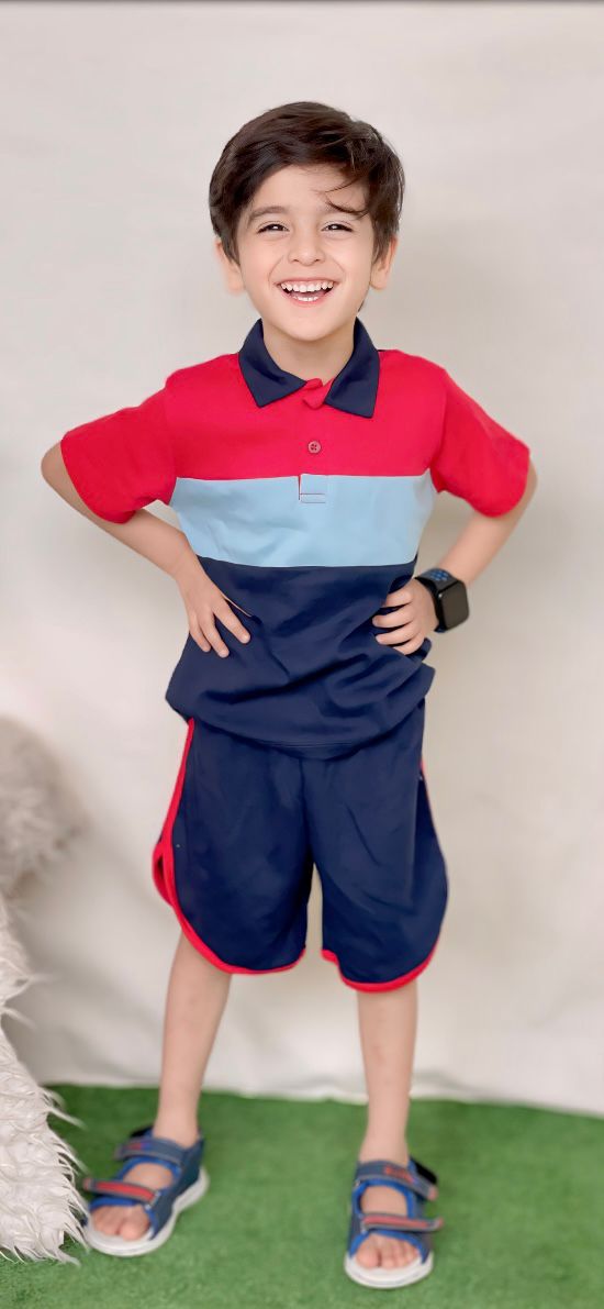 Plush-Baby Plaid Polo Shirt & Shorts-Red-Blue