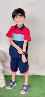 Plush-Baby Plaid Polo Shirt & Shorts-Red-Blue