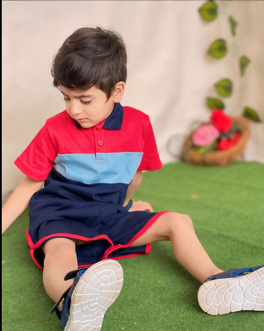 Plush-Baby Plaid Polo Shirt & Shorts-Red-Blue