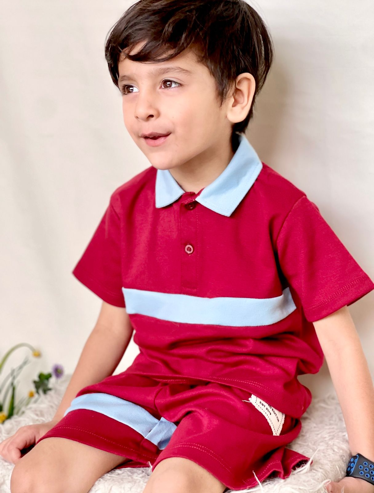 Plush-Baby Plaid Polo Shirt & Shorts-Red-Blue