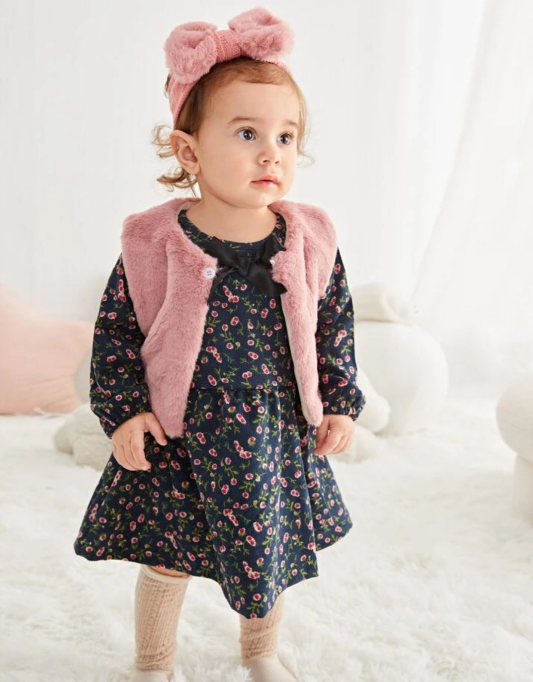 PATPAT - Floral Print Bowknot Long-sleeve Faux-two Baby Dress