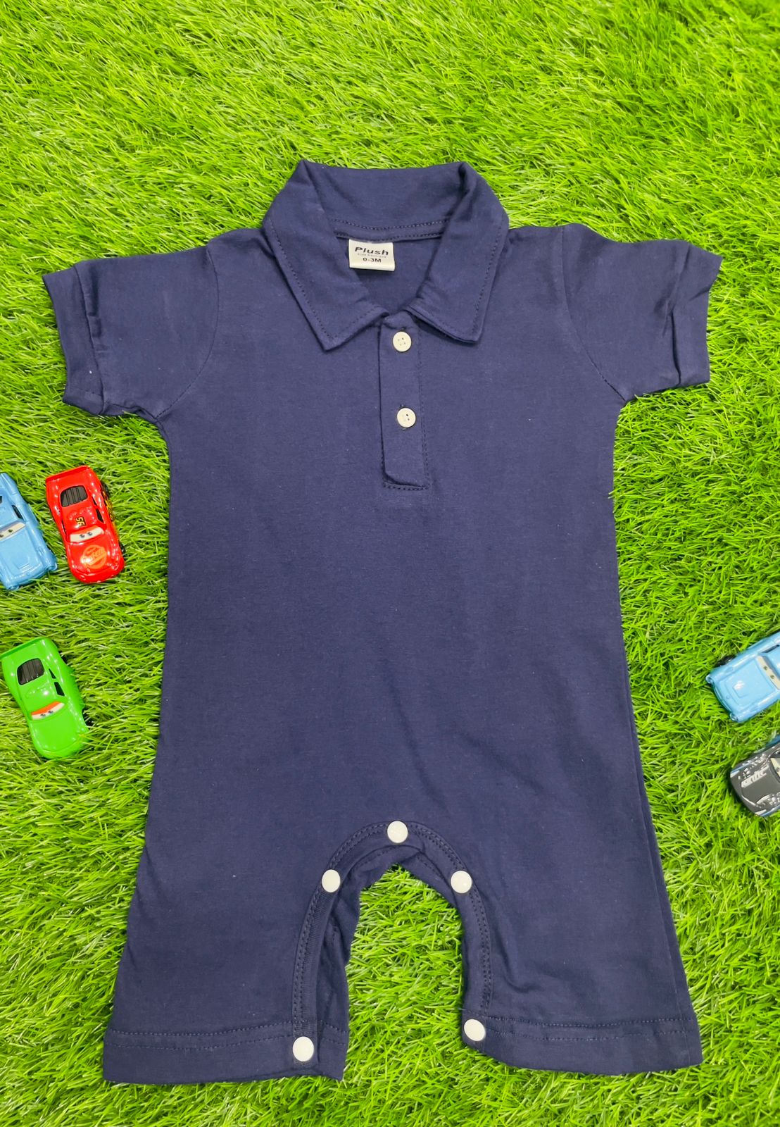 Plush-Polo Romper - Blue