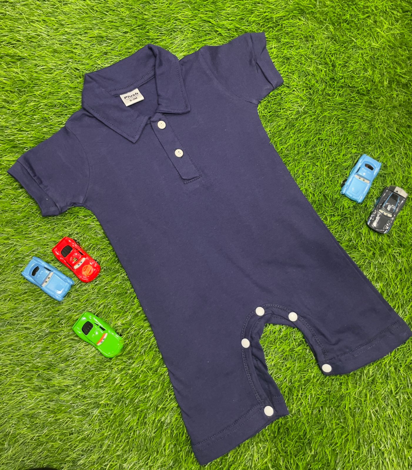 Plush-Polo Romper - Blue