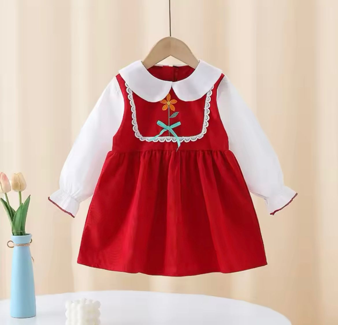 TODDLER GIRL KIDS EMBROIDERY FLOWER LONG SLEEVES DRESS-RED