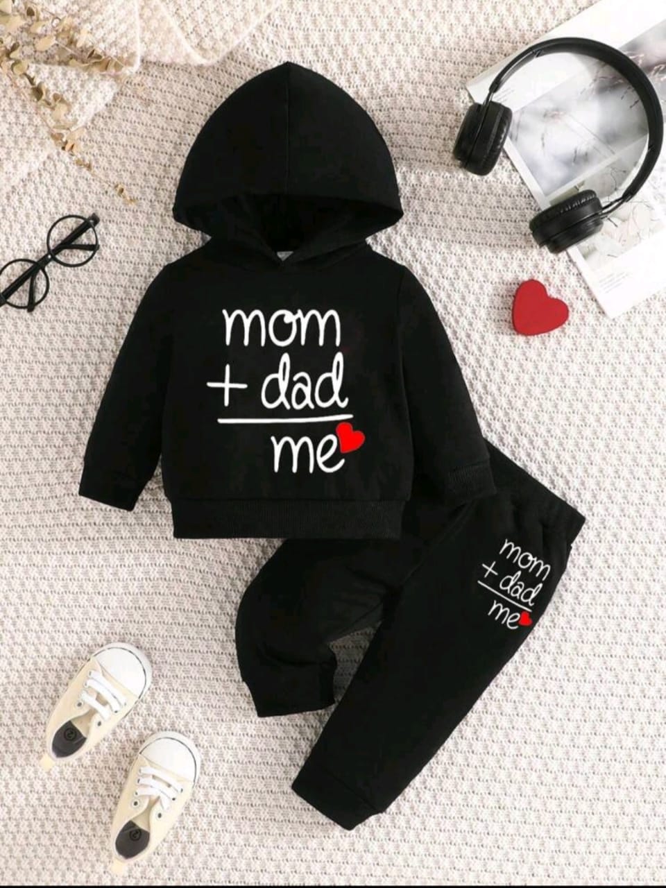 Plush  Hoodied Fleece Shirt & Trouser - Mom and Dad in Black