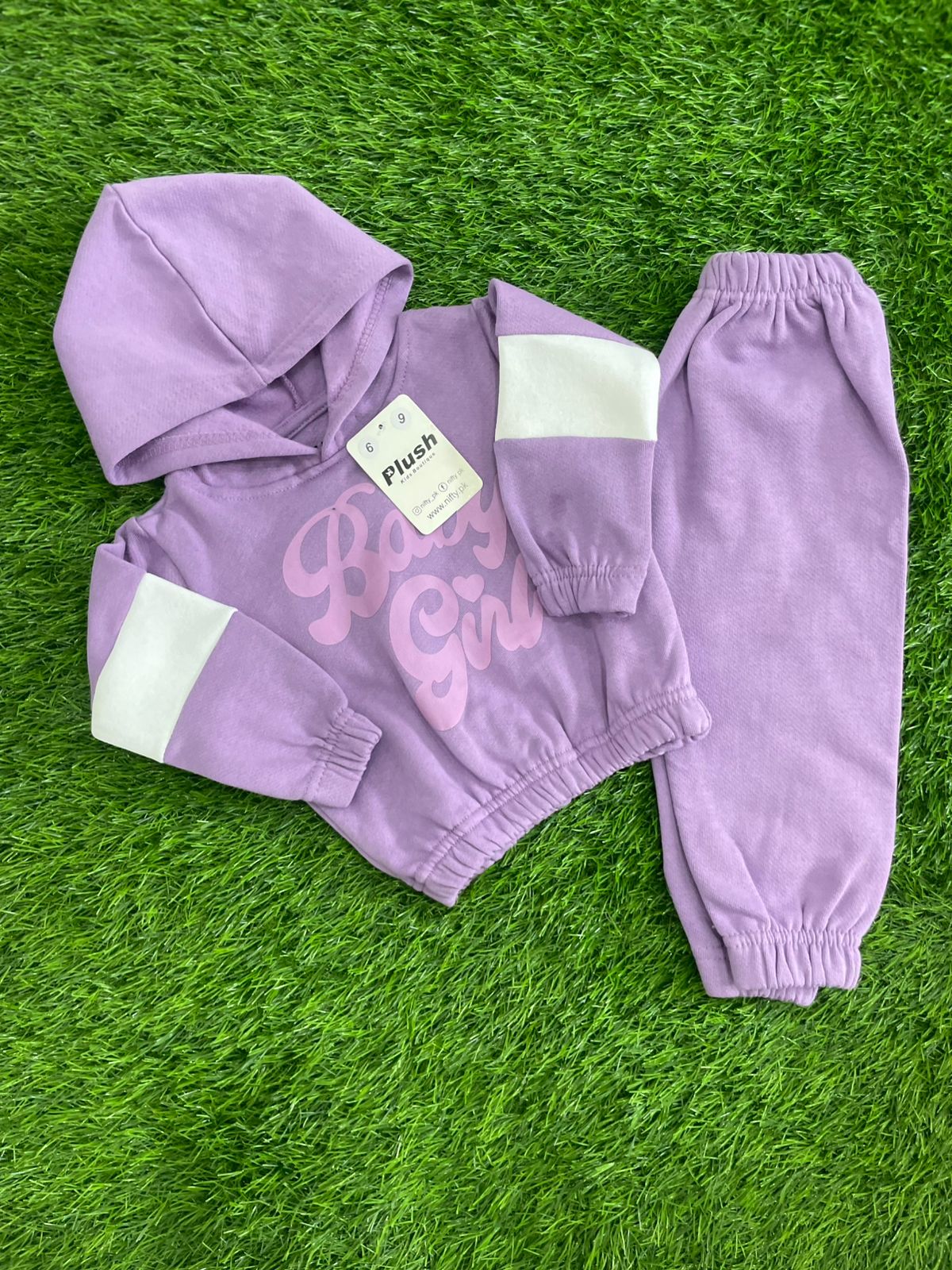 Plush  Hoodied Fleece Shirt & Trouser - Baby in Purple contrast