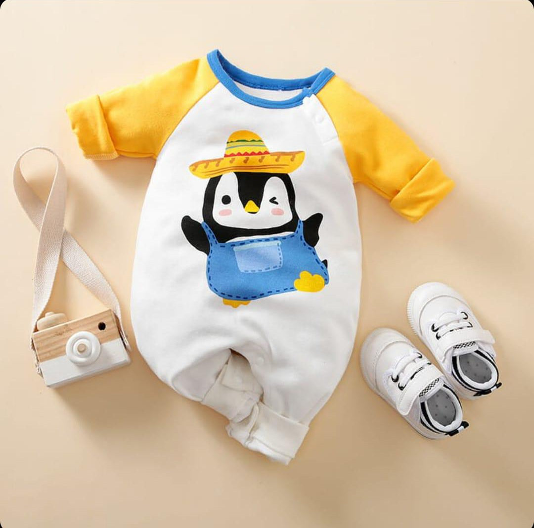 Plush-Printed Romper - Yellow Penguin Contrast