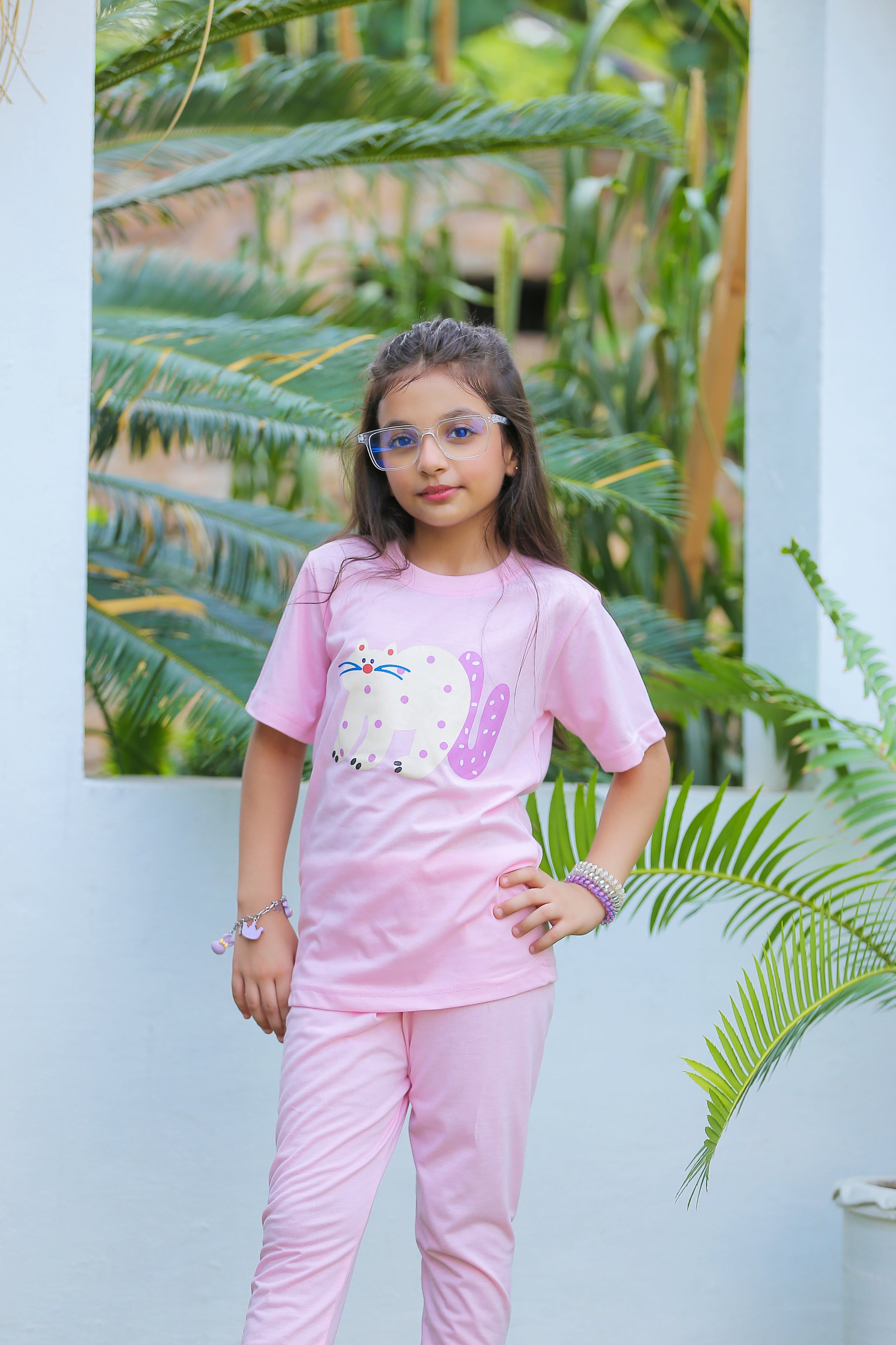 Girls Pink Cat Print T-Shirt & Trouser Set
