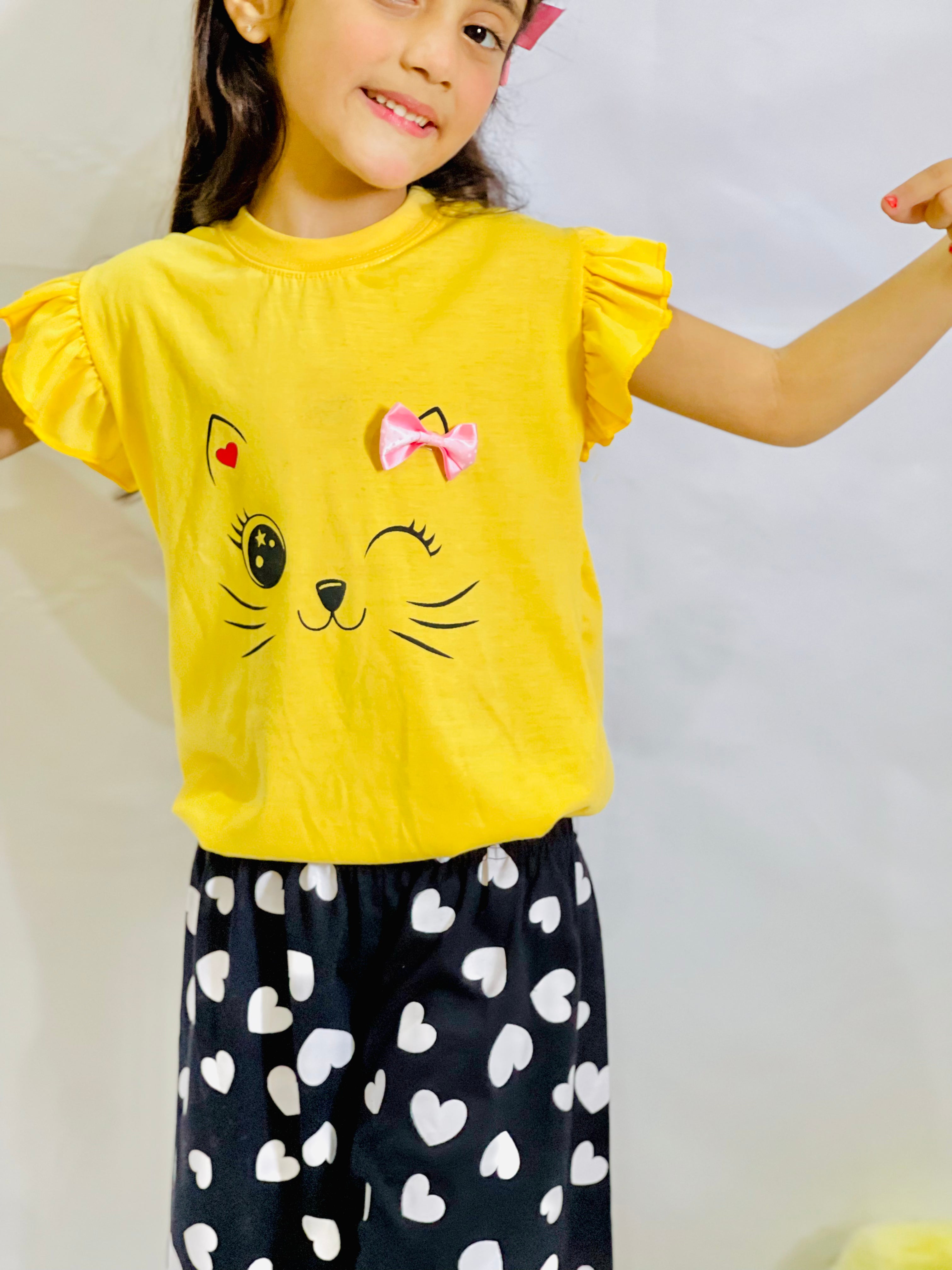 Plush-Nifty Basics - Cat Love in Yellow Black Contrast with Shorts