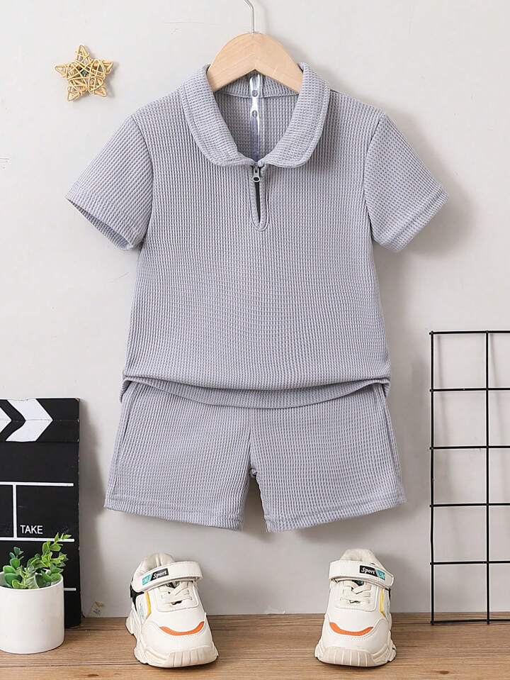 Plush-Waffle Textured Polo Sets-Grey