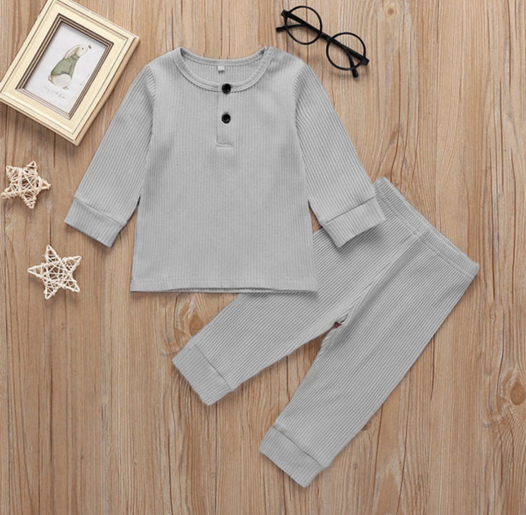 Plush-Waffle Textured Basic PJ Set-Grey