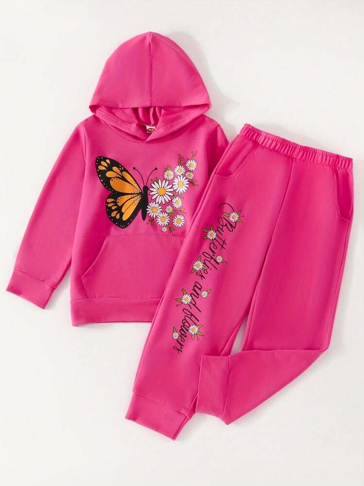 Plush Hoodied Fleece Shirt & Trouser - Pink Butterfly