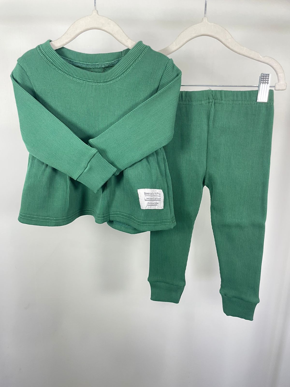 Plush Ribbed Knit Frock with Cuff Trousers - Green