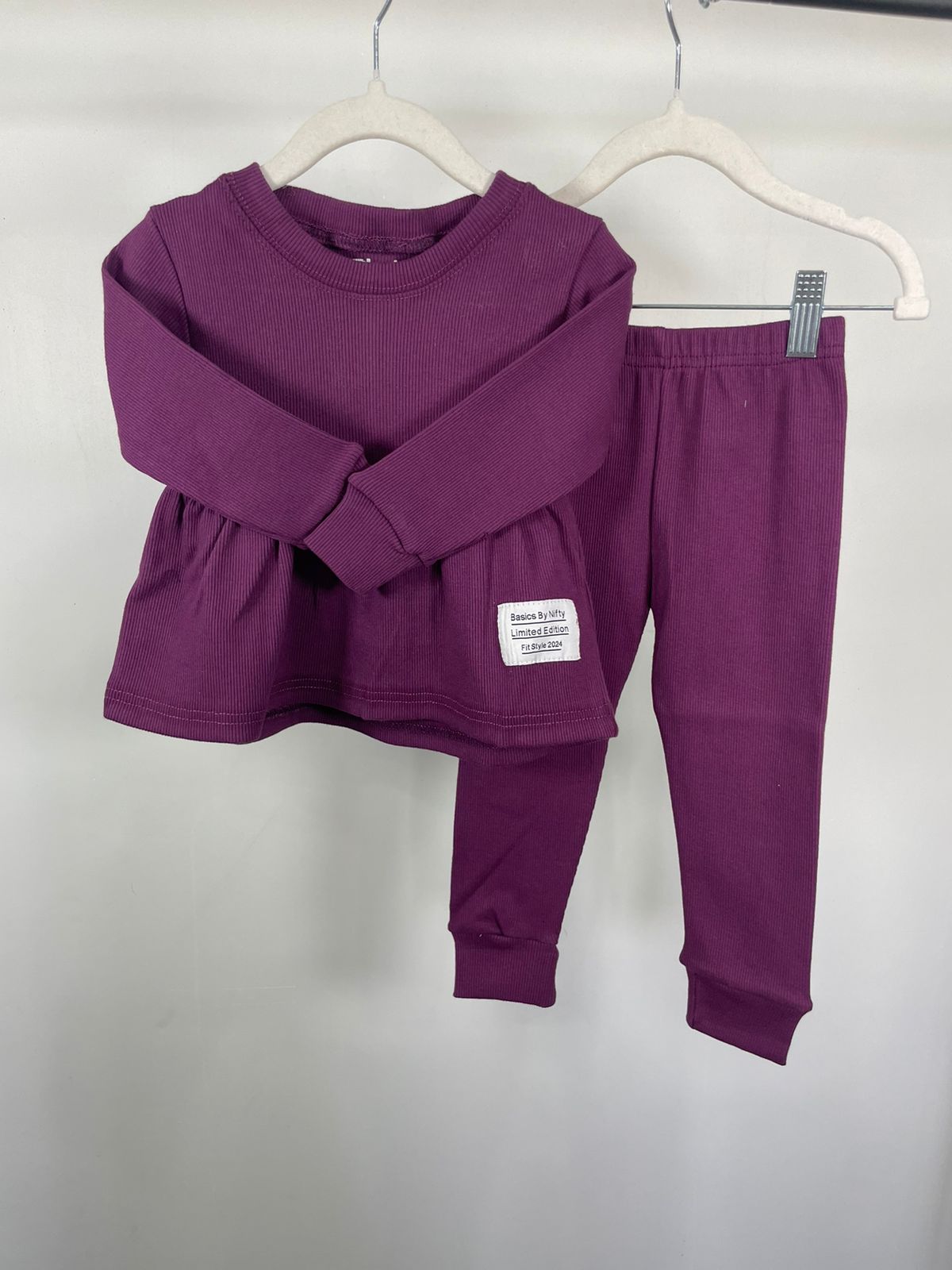 Plush Ribbed Knit Frock with Cuff Trousers - Purple