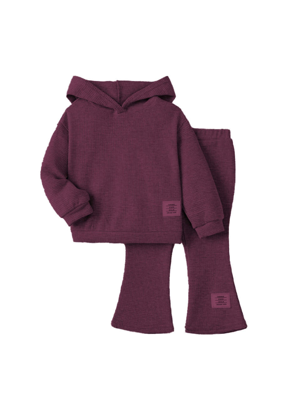 Plush Hoodied Bell Bottom Style Ribbed Knit Basic Set - Maroon