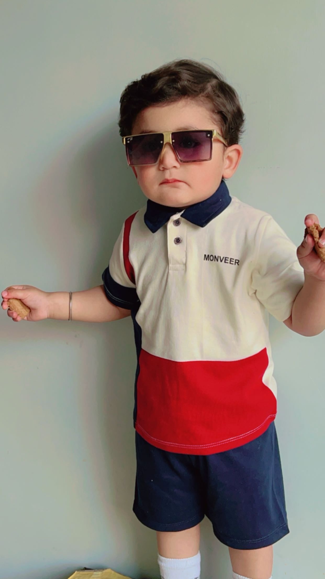 Plush-Baby Plaid Polo Shirt & Shorts-White