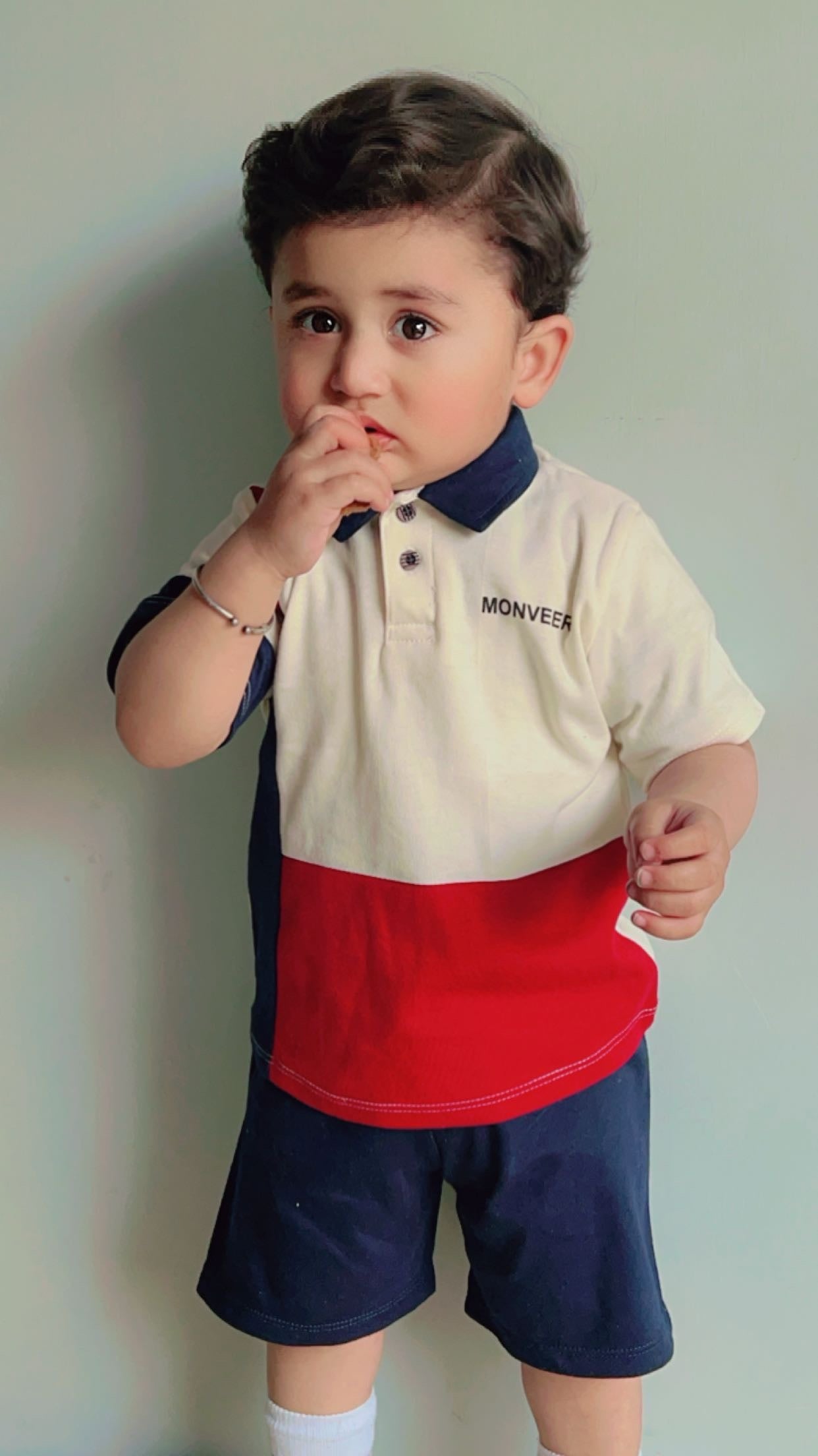 Plush-Baby Plaid Polo Shirt & Shorts-White