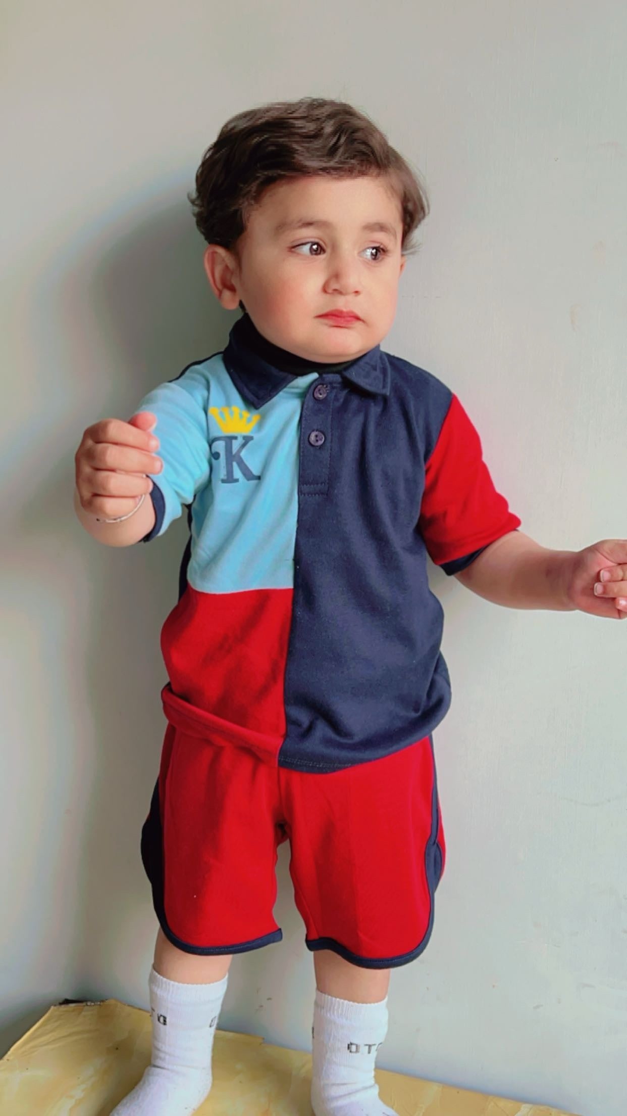 Plush-Baby Plaid Polo Shirt & Shorts-Blue