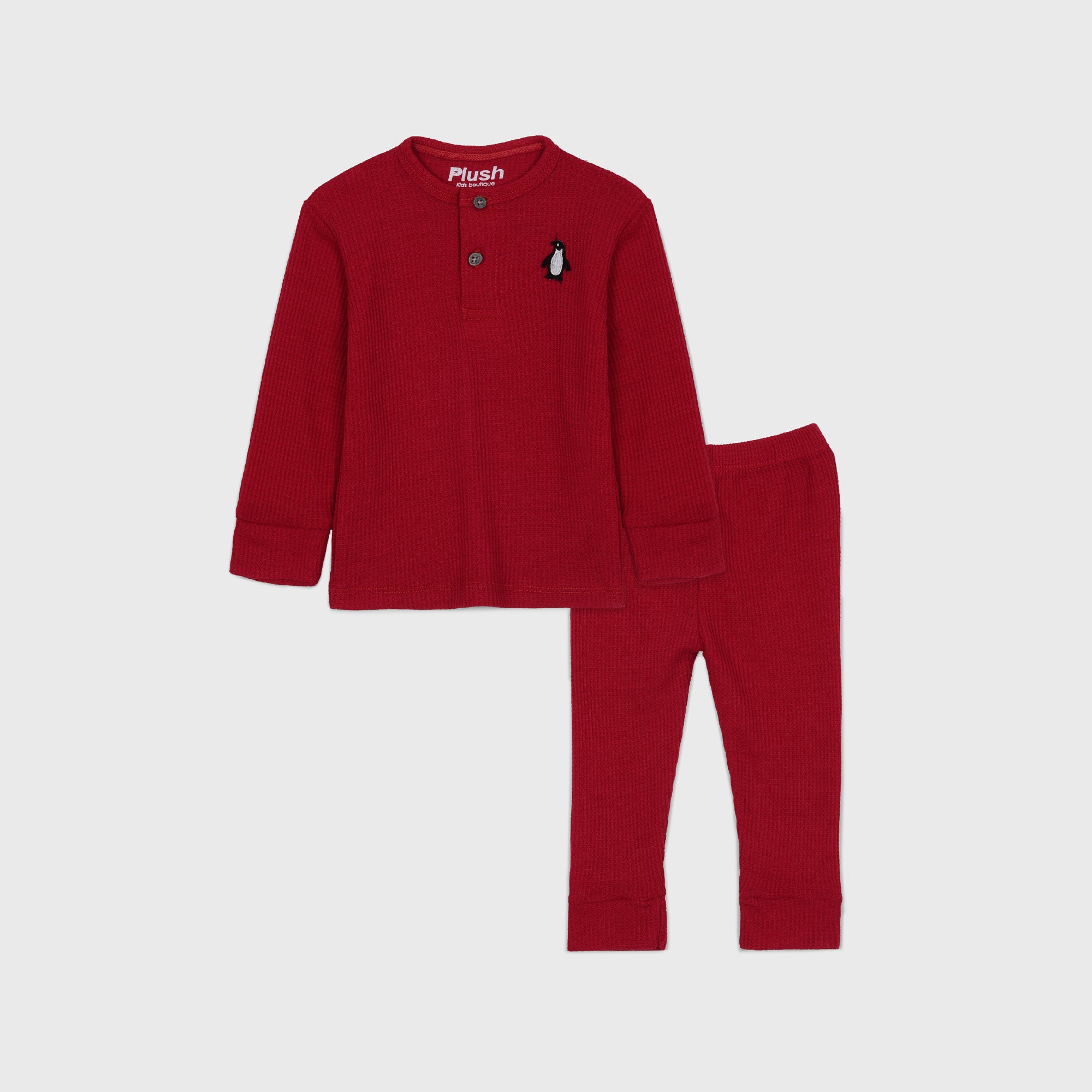 Plush-Waffle Textured Basic PJ Set-Red