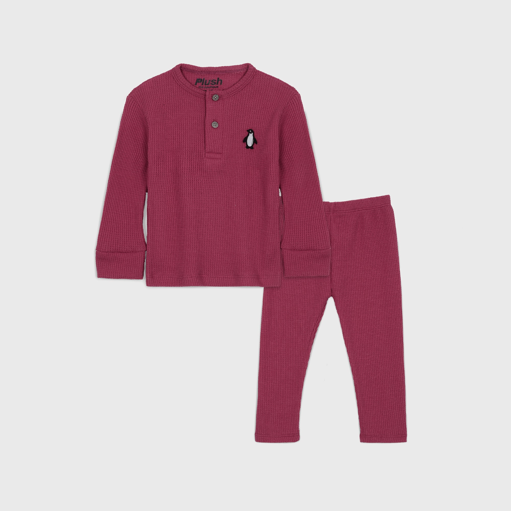 Plush-Waffle Textured Basic PJ Set-Maroon