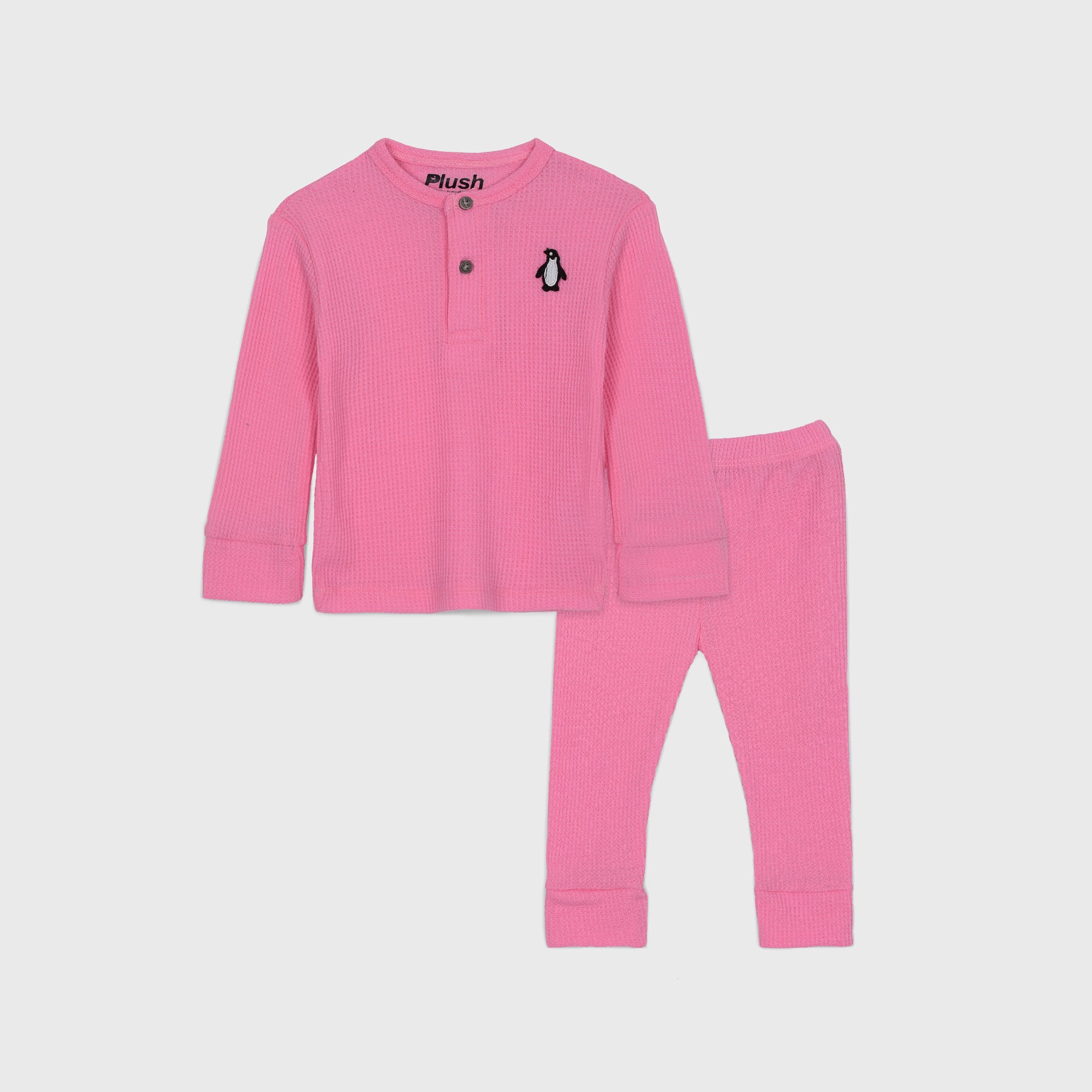 Plush-Waffle Textured Basic PJ Set-Pink