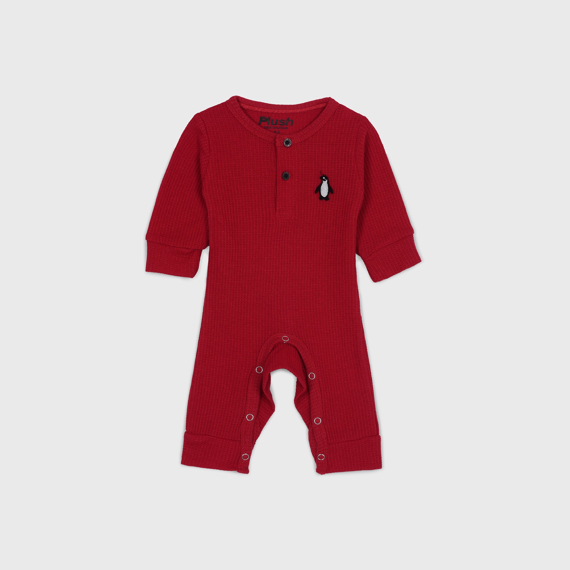 Plush-Full Sleeve Waffle Textured Basic Jumpsuit-Red