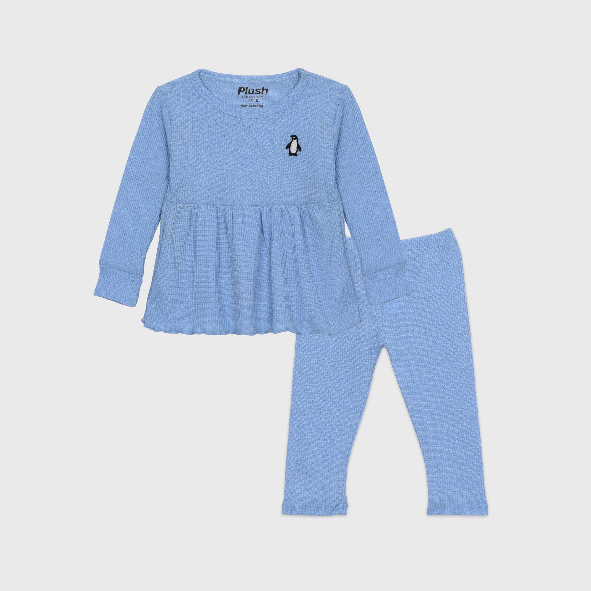 Plush-Waffle Textured  Girls Frock Set- Sky Blue