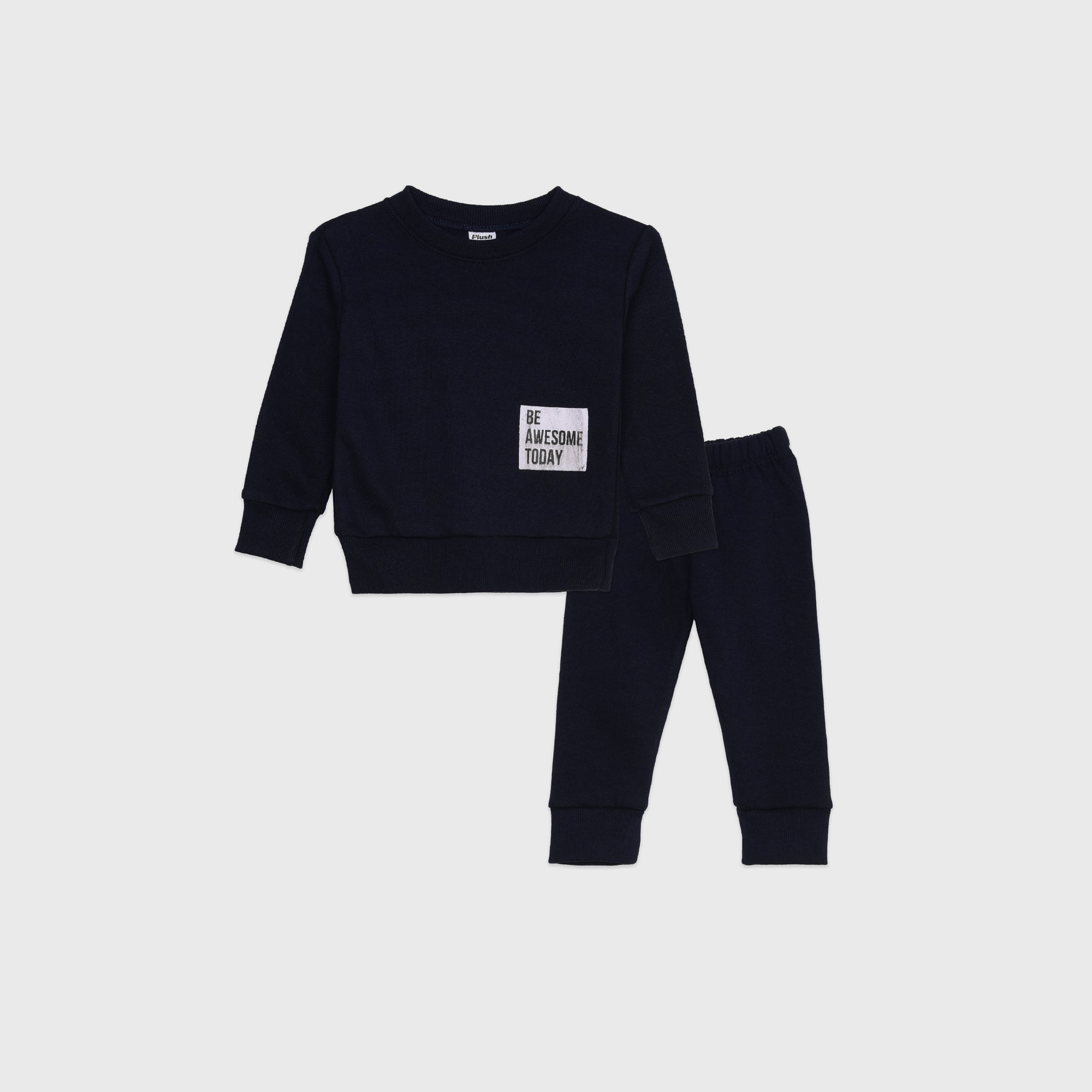 Plush-Round Neck - Basic Navy Blue Fleece Sweat Set