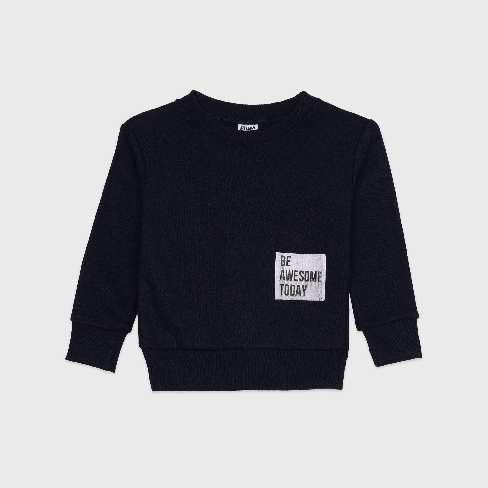 Plush-Round Neck - Basic Navy Blue Fleece Sweat Set