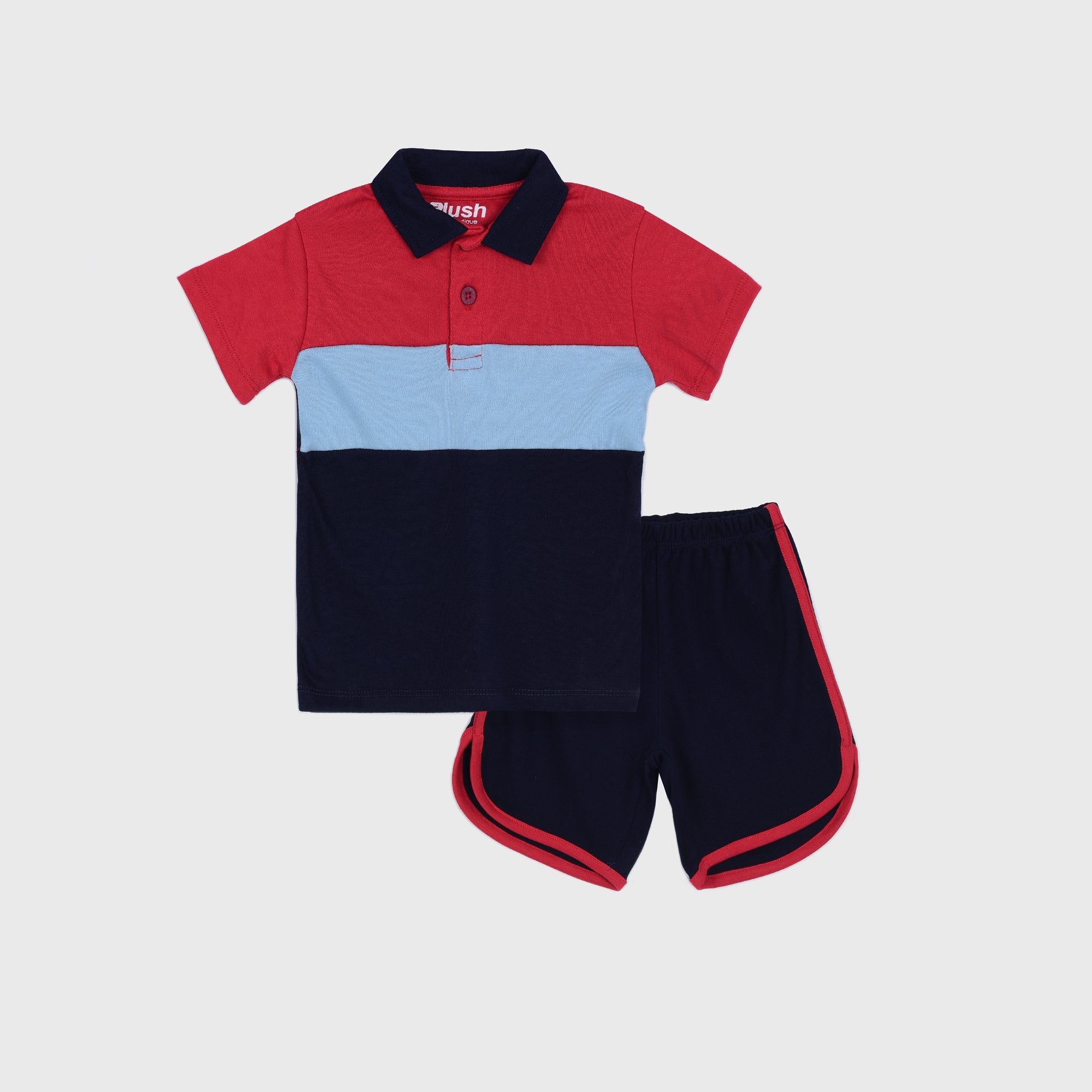 Plush-Baby Plaid Polo Shirt & Shorts-Red-Blue