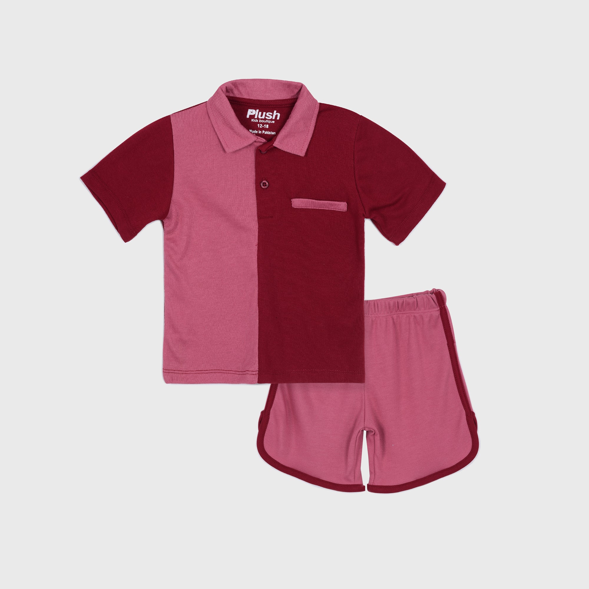 Plush-Baby Plaid Polo Shirt & Shorts-Red-Pink