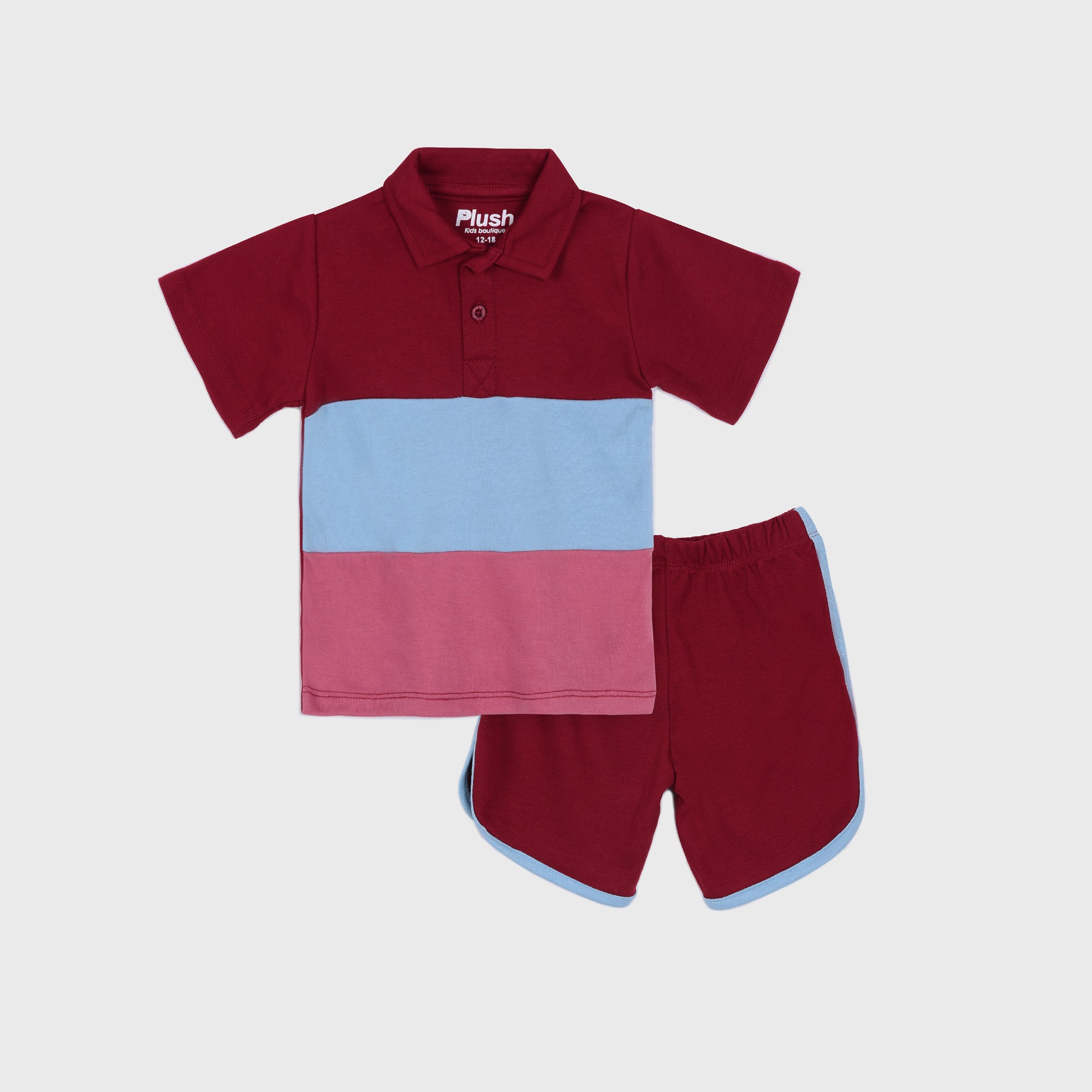 Plush-Baby Plaid Polo Shirt & Shorts-Red-Blue