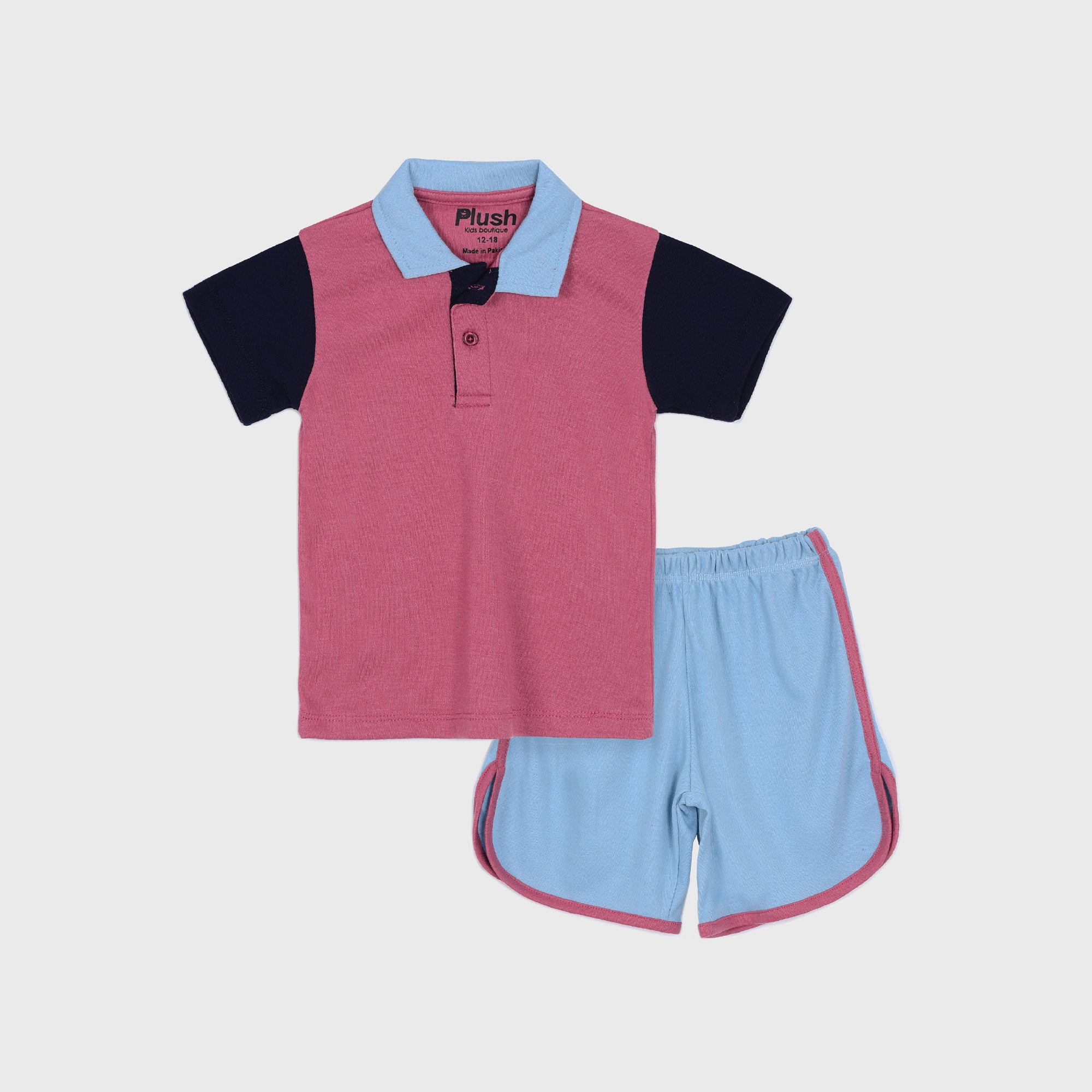 Plush-Baby Plaid Polo Shirt & Shorts-Pink-Blue