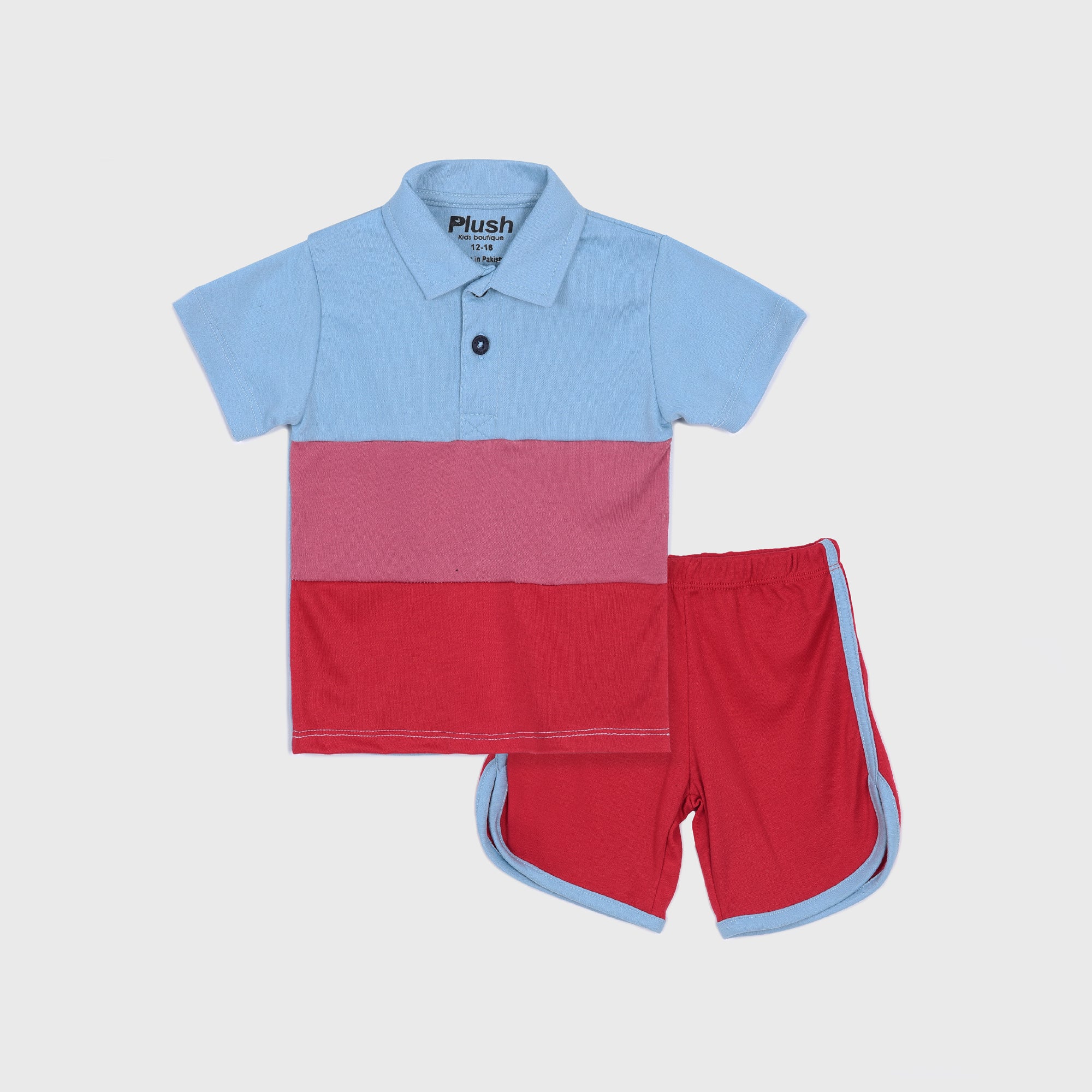 Plush-Baby Plaid Polo Shirt & Shorts-Red-Blue