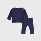 Plush Round Neck Style Ribbed Knit Sweat Set-Dark Blue