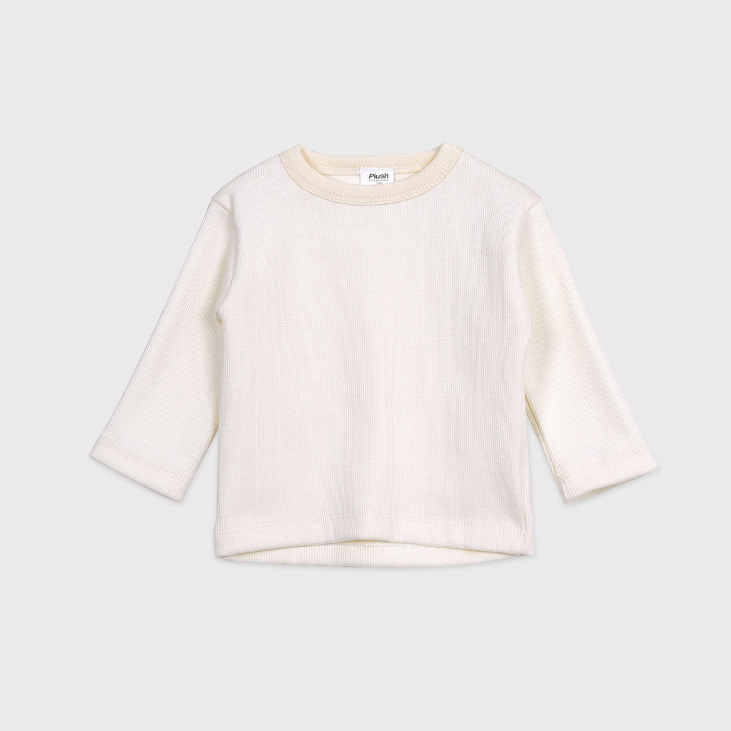 Plush Round Neck Style Ribbed Knit Sweat Set - White