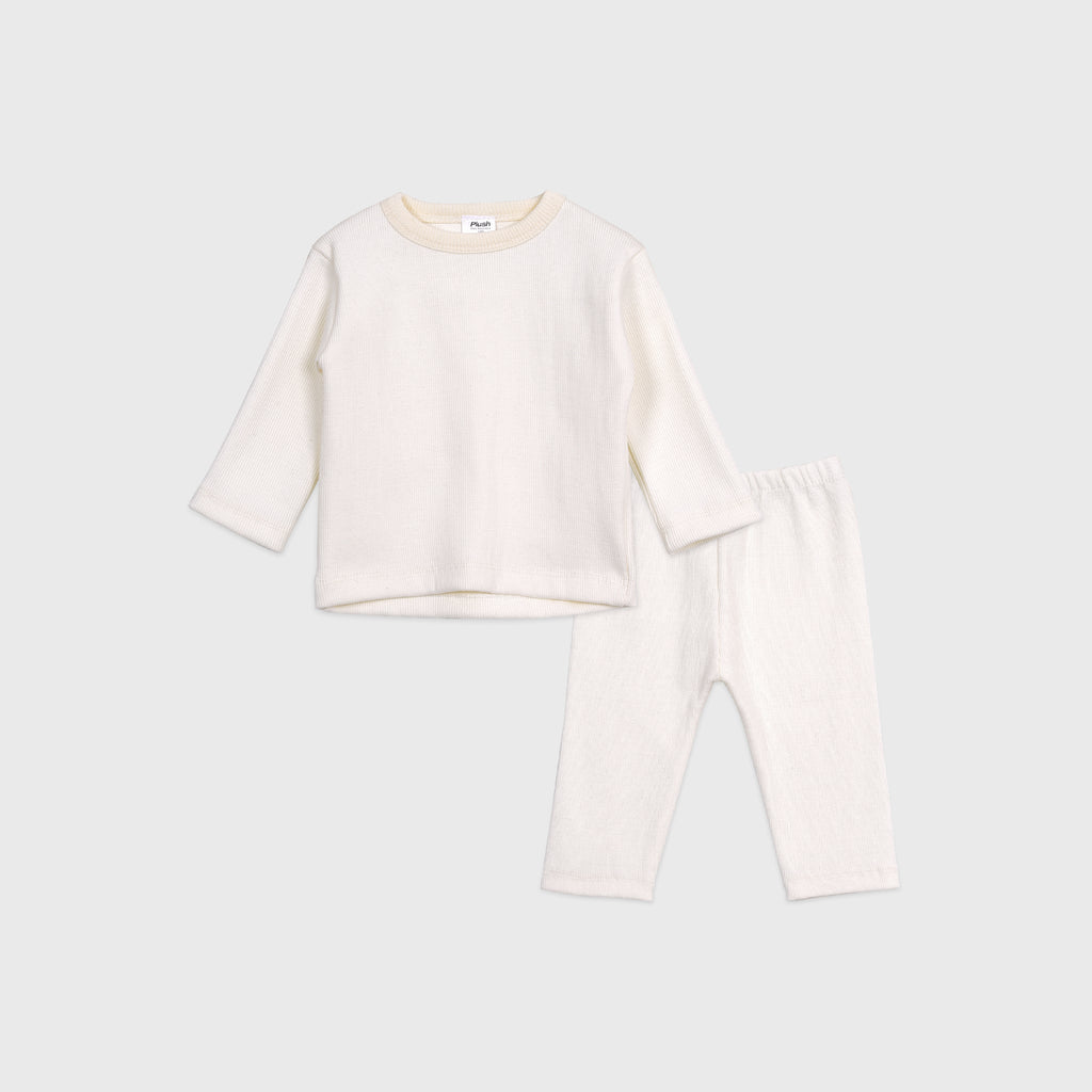 Plush Round Neck Style Ribbed Knit Sweat Set - White