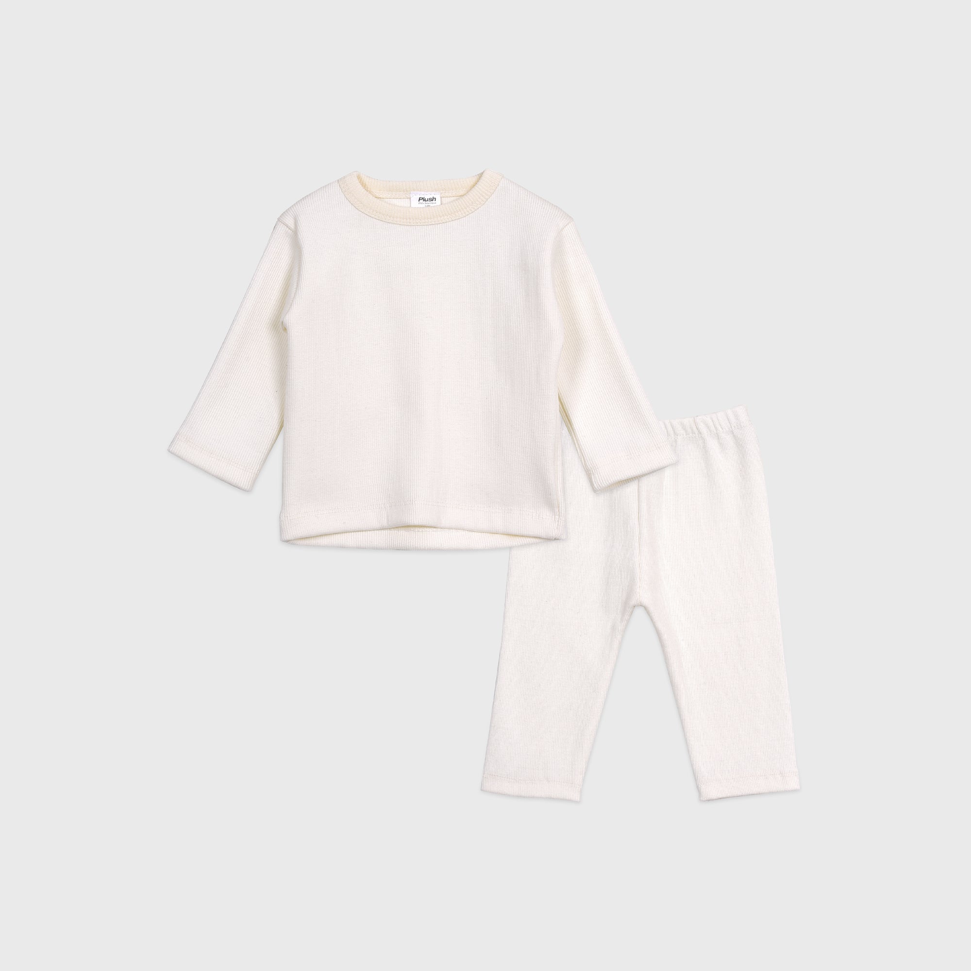 Plush Round Neck Style Ribbed Knit Sweat Set - White