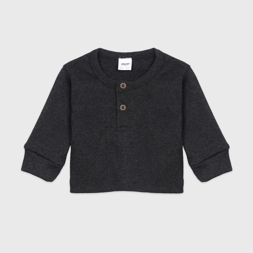 Plush Round Neck Style Ribbed Knit Basic Set - Charcoal