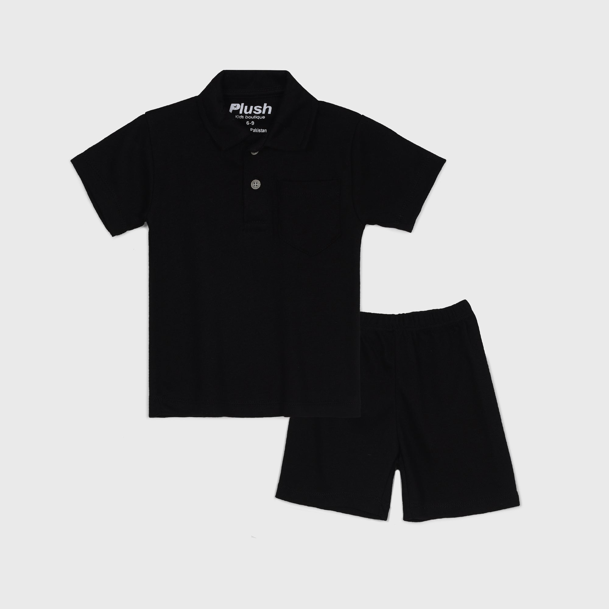 Plush-Baby Plaid Polo Shirt & Shorts-Black