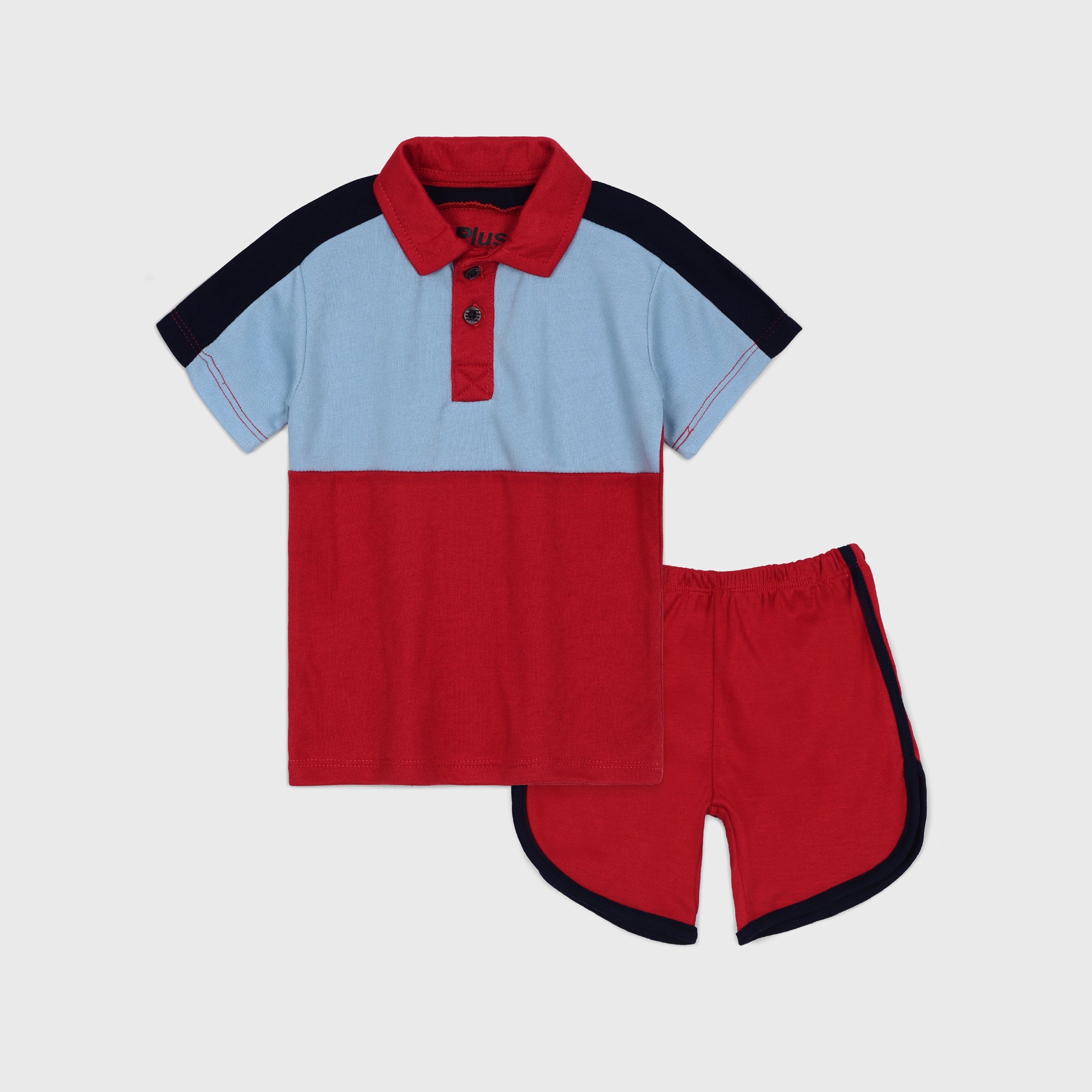 Plush-Baby Plaid Polo Shirt & Shorts-Red-Blue