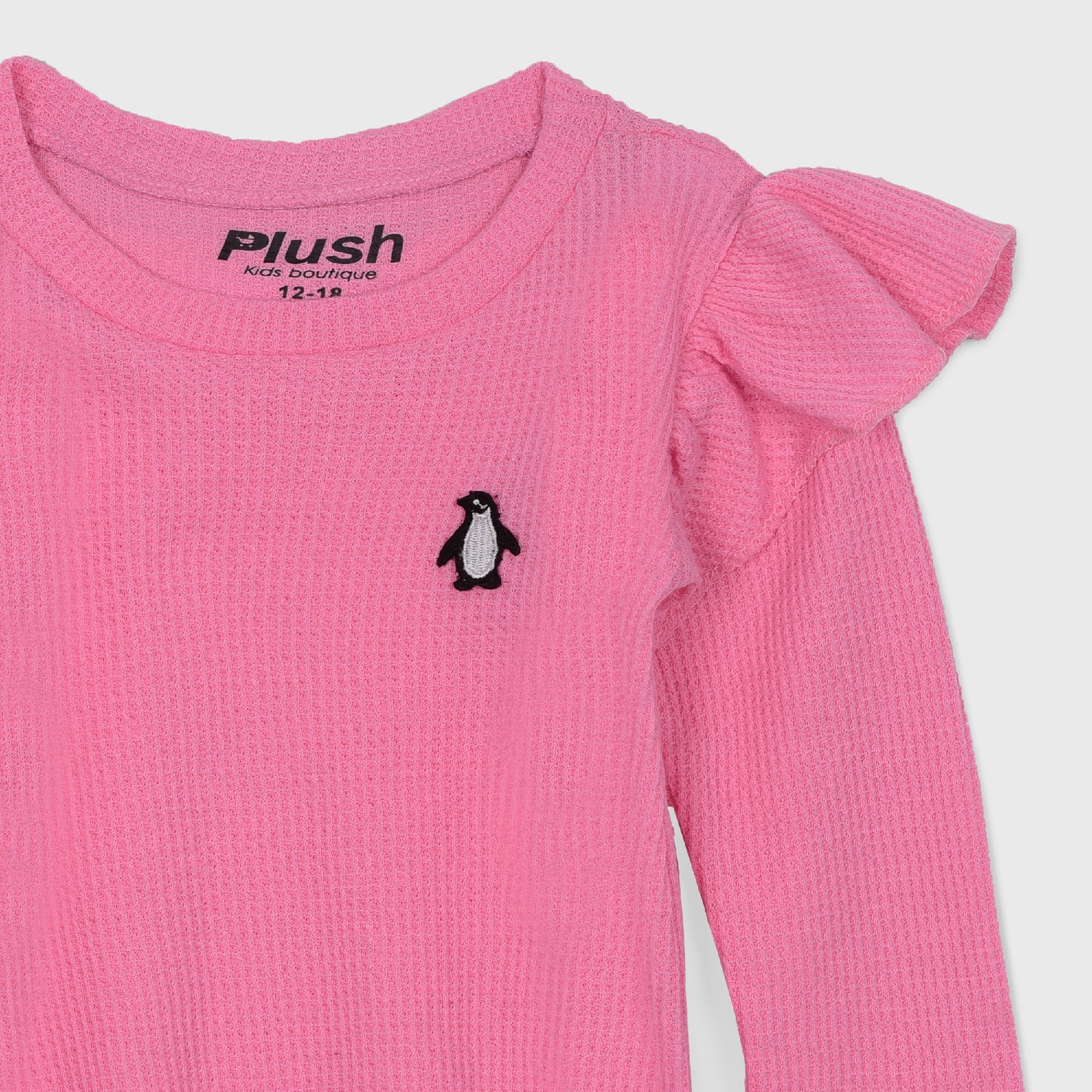 Plush-Waffle Textured Girls Frill PJ sets - PINK