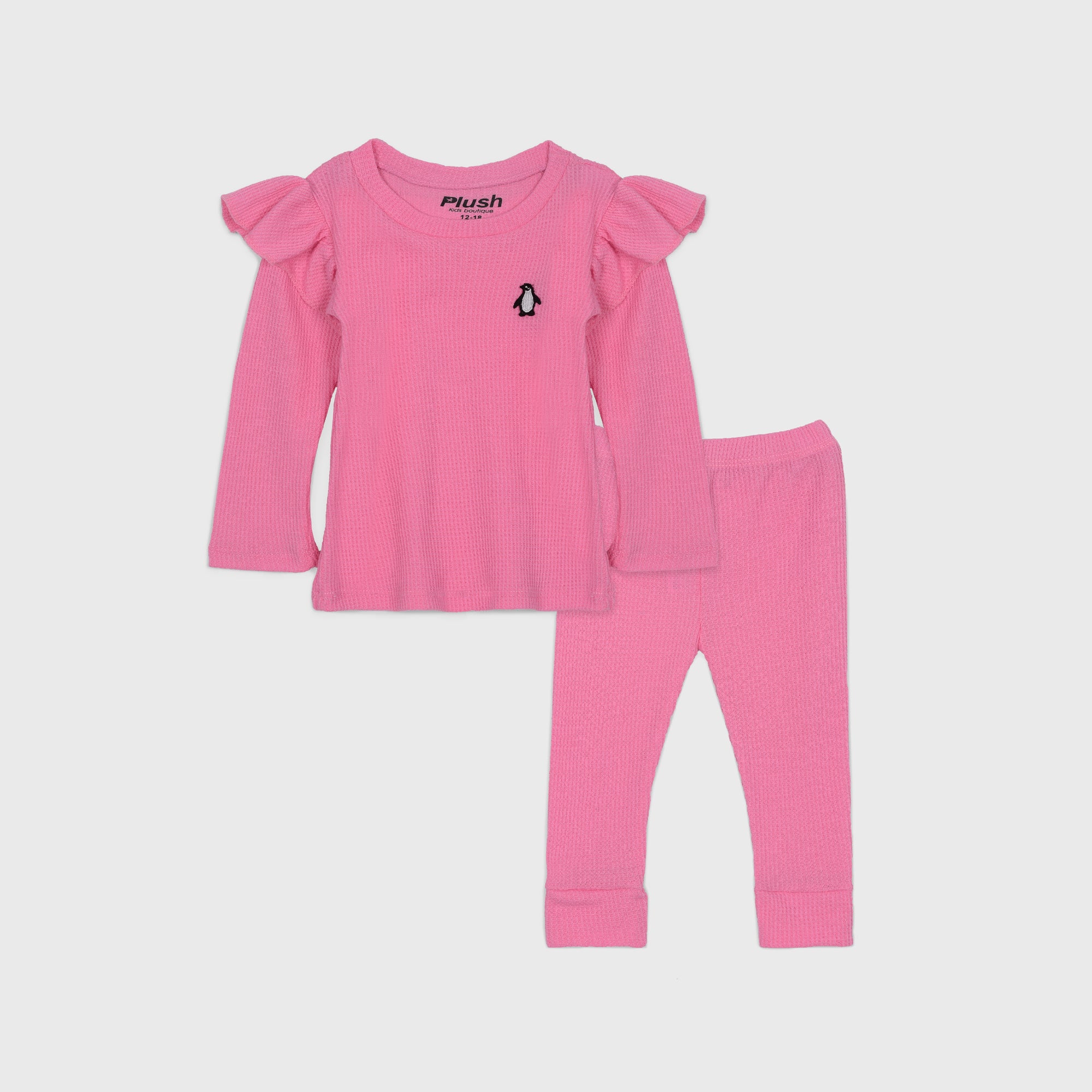 Plush-Waffle Textured Girls Frill PJ sets - PINK