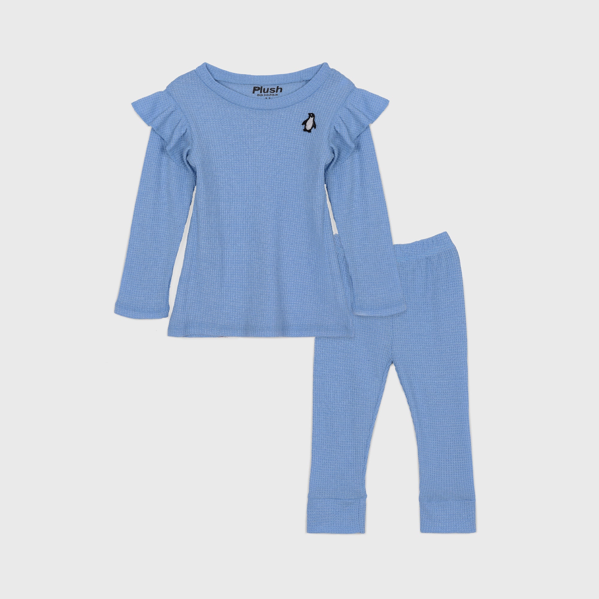 Plush-Waffle Textured Girls Frill PJ sets - Sky Blue