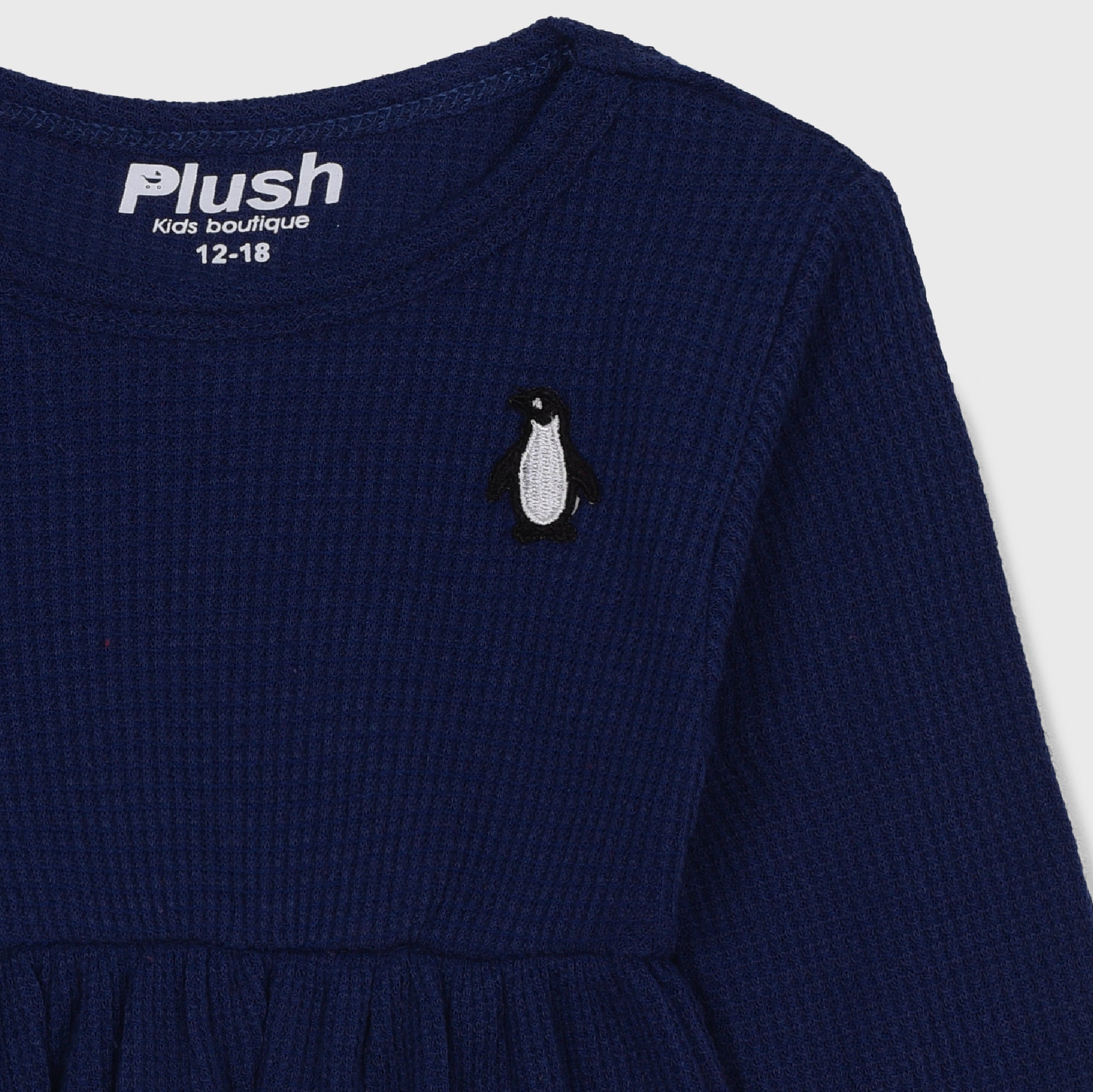 Plush-Waffle Textured Girls Frock Set- Navy