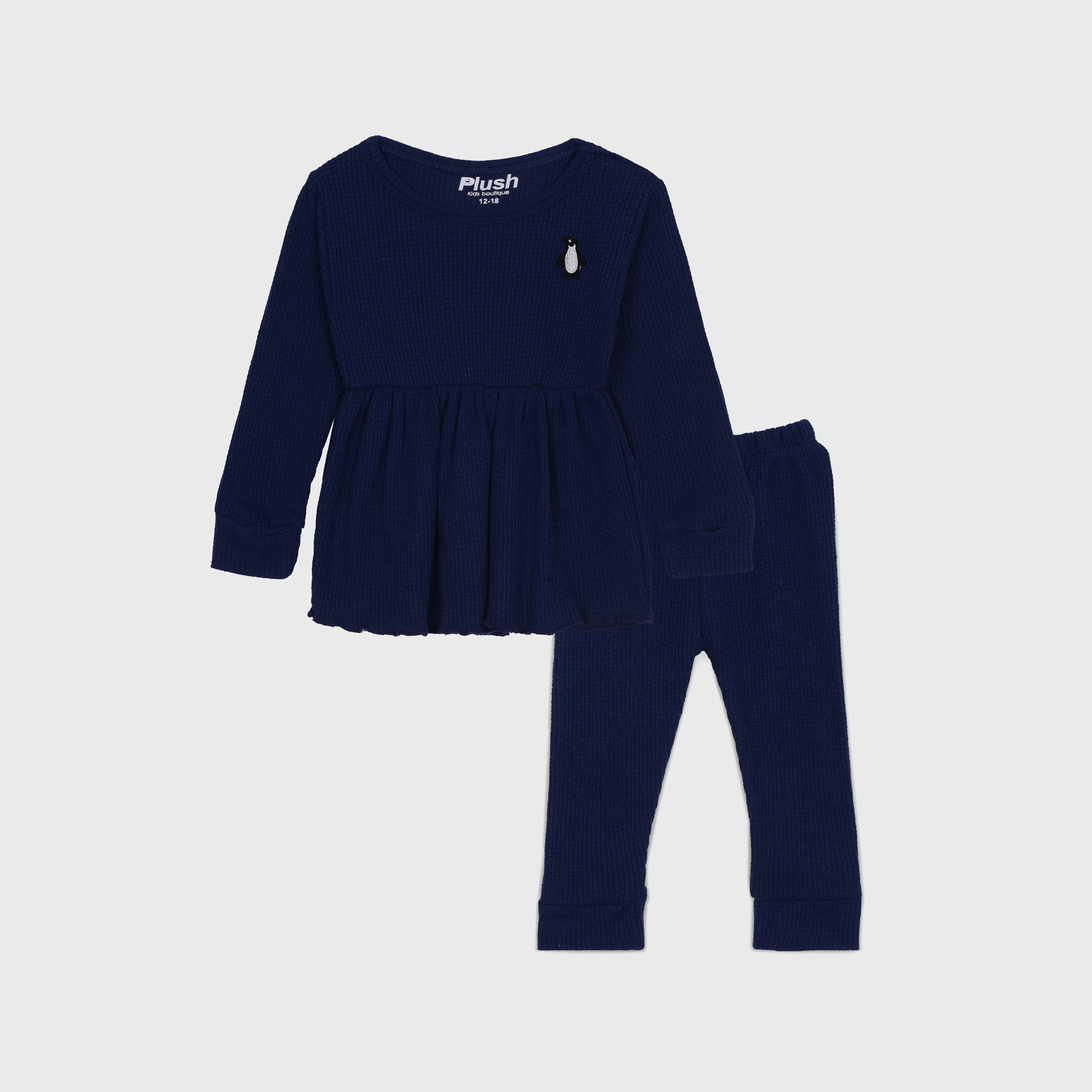 Plush-Waffle Textured Girls Frock Set- Navy