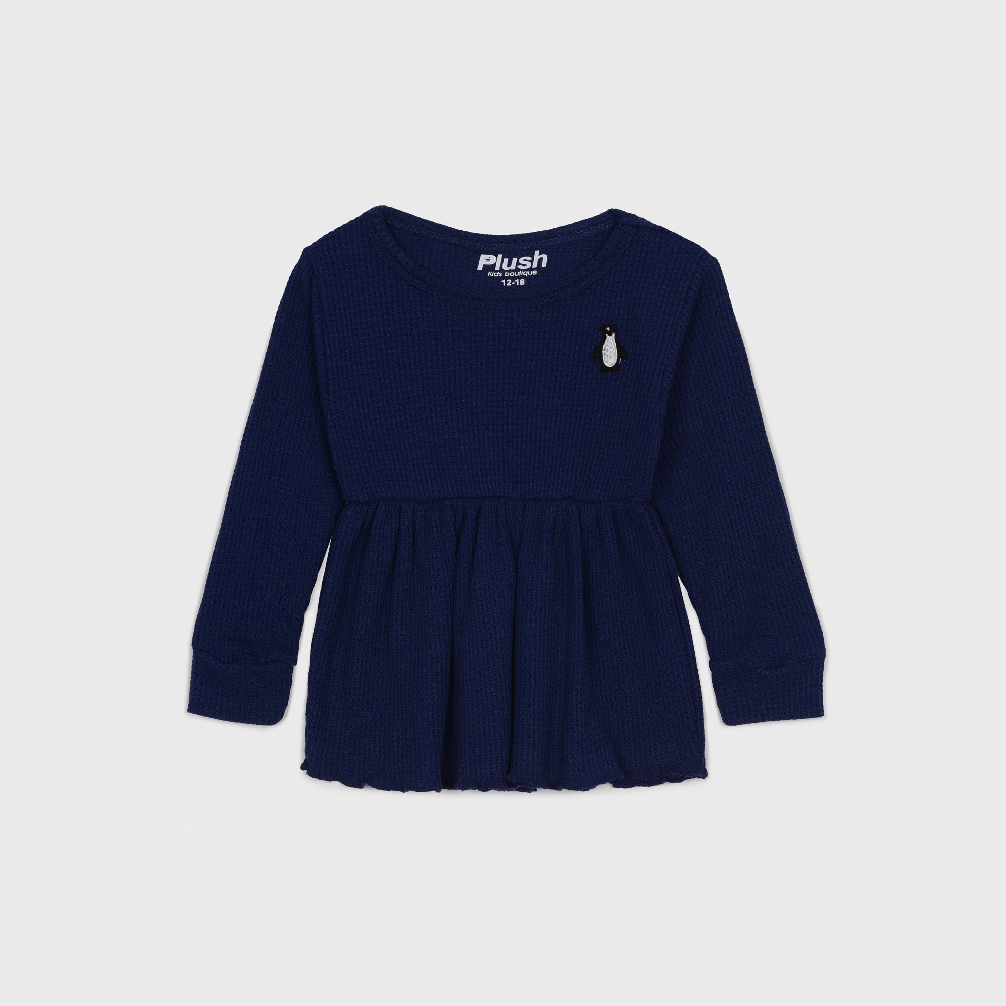 Plush-Waffle Textured Girls Frock Set- Navy