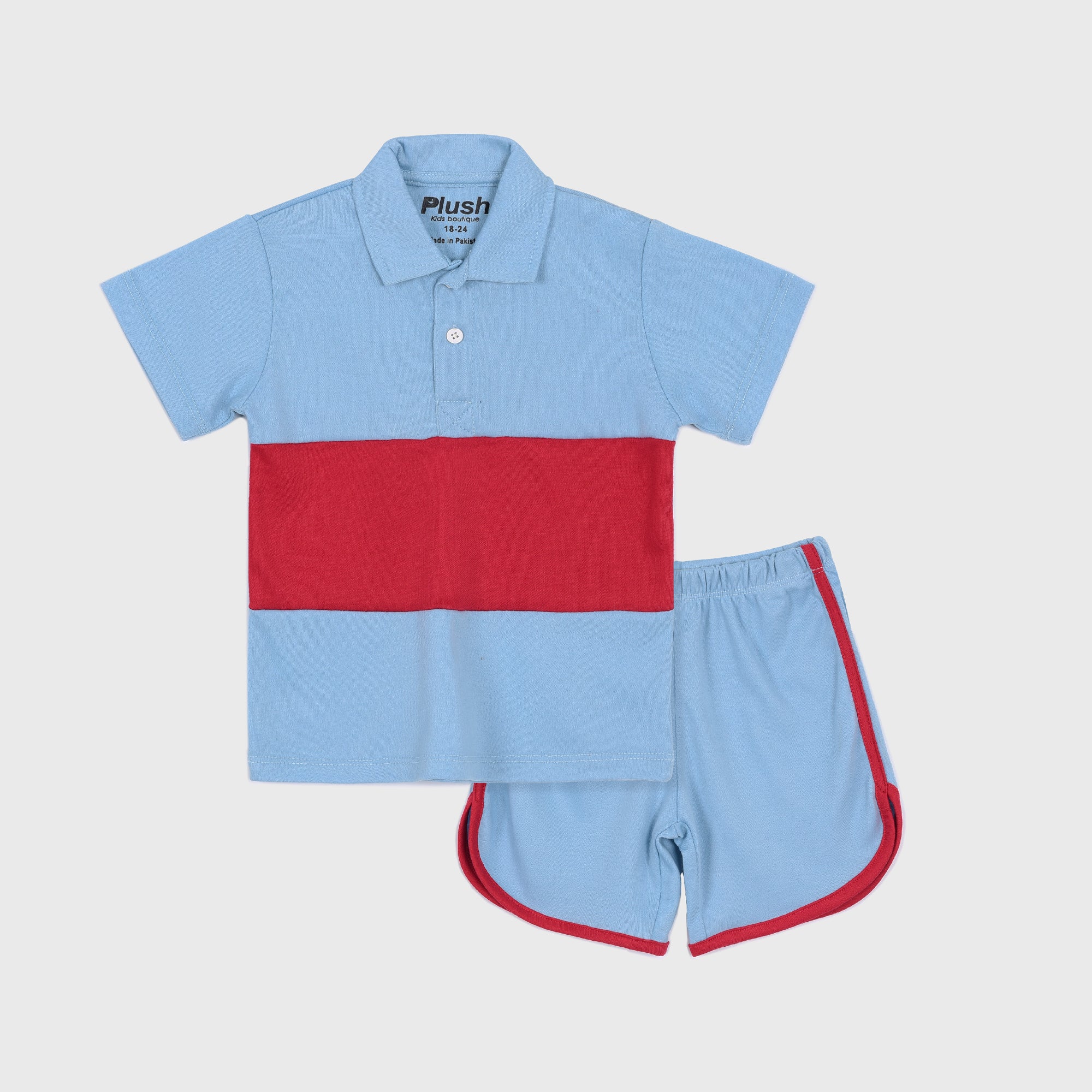 Plush-Baby Plaid Polo Shirt & Shorts-Red-Blue