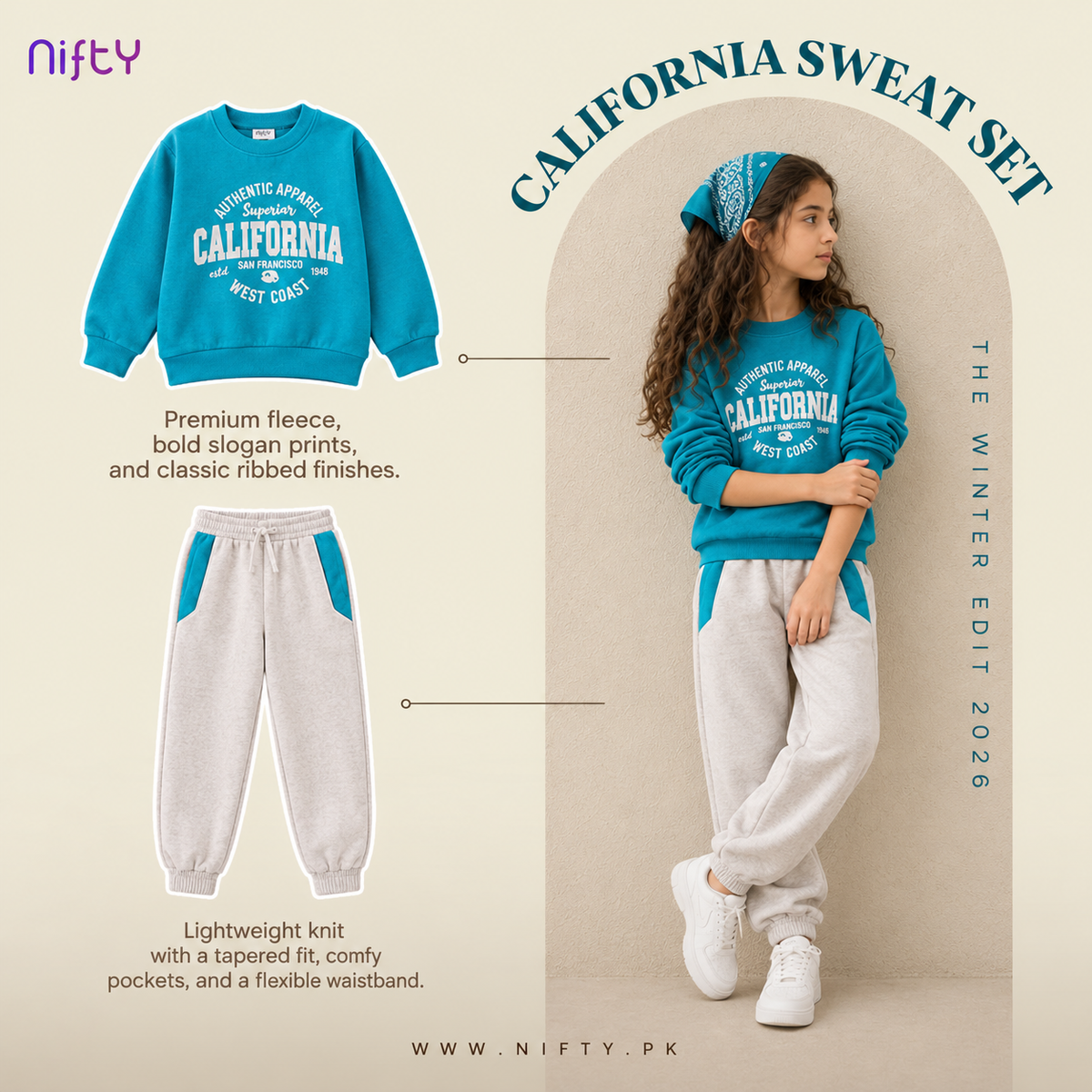 Kids teal California print fleece sweatshirt and cream jogger set