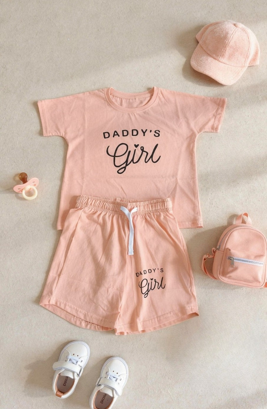 Girls peach shirt and shorts set “Daddy’s Girl” in Pakistan by Basics by Nifty, soft breathable summer co-ord outfit for kids
